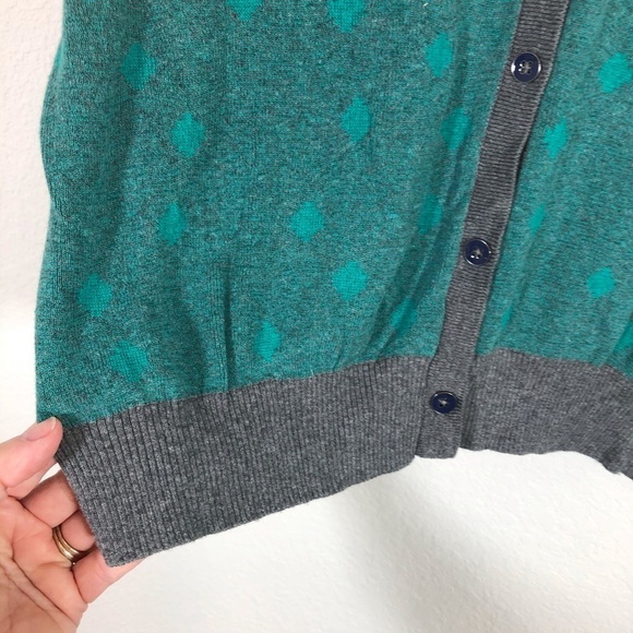 CAbi 🔥SALE🔥 CAbi green polka dot with gray trim button front cardigan. LH - Picture 4 of 8